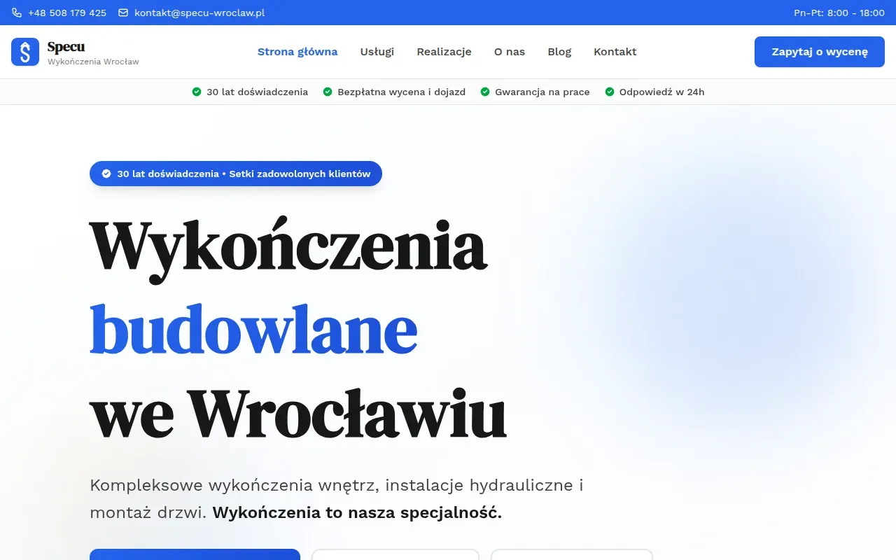 Strona główna specu-wroclaw.pl — witryna lead-gen firmy wykończeniowej